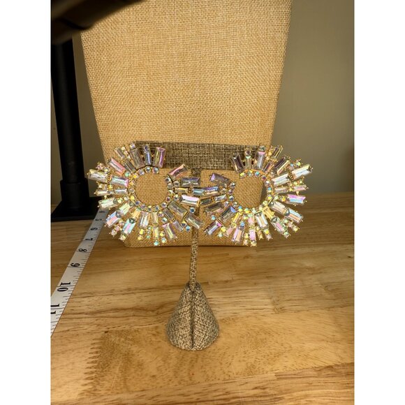 Gold-Tone Iridescent Crystal Baguette & Round Statement Earrings - Picture 6 of 10